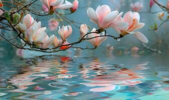 ai generato magnolia fiori riflessa nel il ancora acque di un' tranquillo stagno. magnolia fiori toccare acqua superficie foto