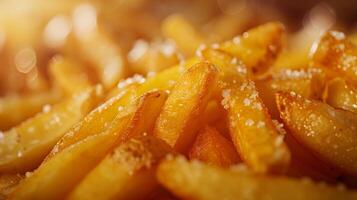 ai generato d'oro francese patatine fritte cosparso con sale avvicinamento foto