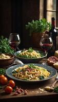 ai generato pasta con carne, verdure e vino foto