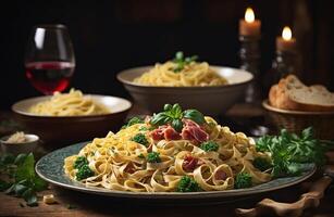 ai generato pasta con carne, verdure e vino foto