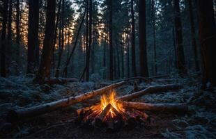 ai generato falò nel il notte foresta foto