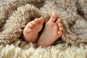ai generato avvicinamento di bambino piedi riposo su morbido soffice coperta foto