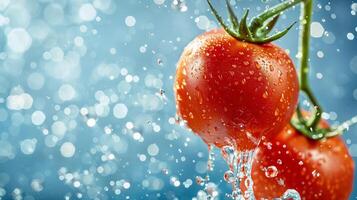 ai generato Due pomodori galleggiante nel acqua foto