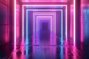 ai generato illuminato al neon tunnel con lungo corridoio foto