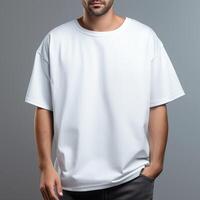 ai generato uomo nel vuoto bianca oversize maglietta su grigio sfondo per capi di abbigliamento modello foto
