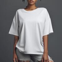 ai generato nero donna nel bianca oversize maglietta su grigio sfondo per capi di abbigliamento modello foto