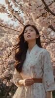 ai generato all'aperto bellissimo moda giovane coreano ragazza con fiorire ciliegia fiore sfondo foto