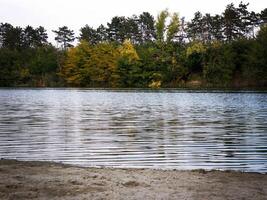 autunno colorato alberi riflettendo nel tranquillo fiume foto