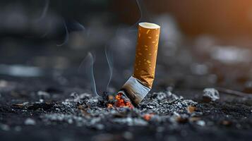 ai generato mondo no tabacco giorno concetto fermare fumare, tabacco sigaretta culo su il pavimento foto