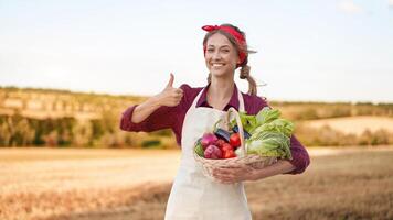 donna contadino in piedi terreni agricoli sorridente femmina agronomo specialista agricoltura agribusiness contento positivo caucasico lavoratore agricolo campo foto