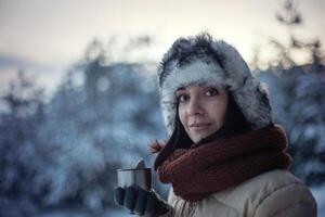 bellissimo ragazza nel un' nevoso inverno foresta potabile caldo tè a partire dal un' thermos foto