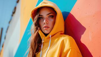 ai generato bellissimo ragazza con giallo felpa con cappuccio casuale stile foto