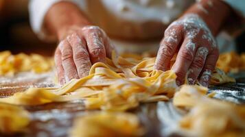 ai generato capocuoco aspersione pasta su tavolo foto