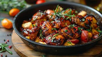 ai generato ciotola di pollo con pomodori e erbe aromatiche foto