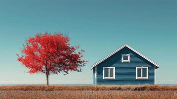 ai generato piccolo Casa su lussureggiante verde campo foto