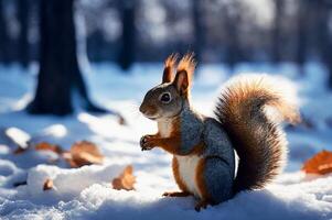 ai generato scoiattolo nel inverno foto