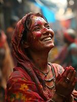 ai generato un' holi festivo celebrazione. un' donna è sorridente e indossare un' rosso sciarpa. lei è circondato di persone e il atmosfera è vivace foto