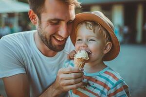 ai generato padre e figlio mangiare ghiaccio crema insieme. contento paternità foto