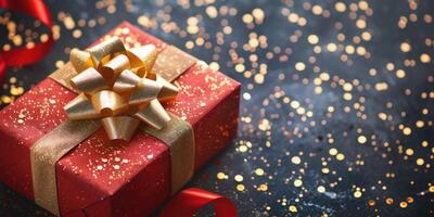 ai generato festivo rosso regalo scatola con un' oro arco su un' blu sfondo con oro coriandoli foto