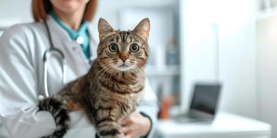 ai generato veterinario Tenere un' gatto nel il suo braccia. gatto a il medico appuntamento. animale domestico Salute. foto