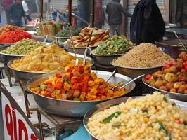 ai generato strada cibo nel delhi chaat e Samosa foto