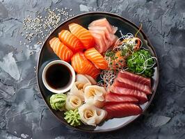 ai generato sashimi piatto omega ricco pesce wasabi Zenzero pulito proteina foto