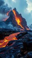 ai generato vicino su di vulcano eruzione. montagna esplode con fluente magma. fantasia paesaggio. generativo ai foto