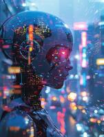 ai generato un' futuristico androide, metallico pelle, esplorando un' digitale paesaggio urbano con neon luci e olografico annunci realistico, con riflettore e cromatico aberrazione foto