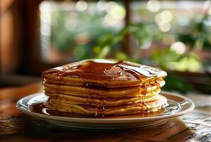 ai generato Pancakes con acero sciroppo su di legno tavolo foto