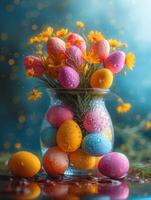 ai generato un' mazzo di colorato uova nel occhiali. colorato Pasqua uova e giallo primavera fiori nel bicchiere vaso su blu sfondo foto