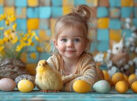 ai generato carino poco ragazza con neonato pollo e colorato Pasqua uova foto