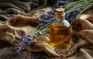 ai generato bottiglia di lavanda essenziale olio con fresco lavanda ramoscelli e fiori foto