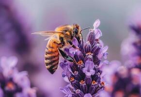 ai generato ape impollinazione lavanda fiore foto