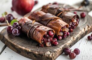 ai generato fatto a mano frutta pastiglie con rosso ribes e mele su di legno tavola foto