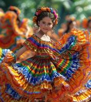 ai generato un' giovane ragazza è giocando nel un' messicano danza vestito foto