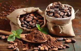 ai generato cacao polvere e cacao fagioli su di legno tavolo foto
