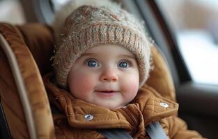 ai generato piccolo bambino si siede nel auto posto a sedere e sorrisi foto