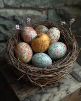 ai generato Pasqua uova nel nido. alcuni dipinto Nidificazione Pasqua uova siamo seduta nel un' cestino su un vecchio di legno tavolo foto