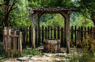 ai generato vecchio bene nel il giardino nel il giardino foto