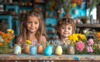 ai generato Due bambini sedersi a tavolo con Pasqua uova e fiori. foto