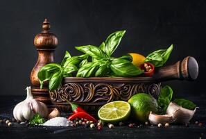 ai generato fresco basilico lime aglio e rosso caldo chili peperoni nel mortaio con pestello e di legno cucchiaio foto