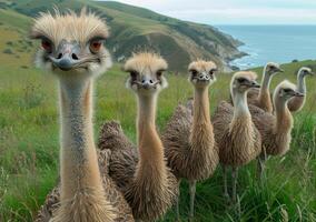 ai generato struzzo famiglia in piedi nel il verde campo. un' gruppo di struzzi In piedi insieme nel un' erboso campo foto