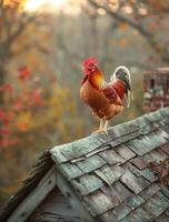 ai generato Gallo in piedi su tetto nel il mattina foto