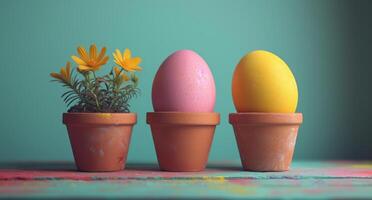 ai generato Pasqua uova e fiori nel fiore pentola foto