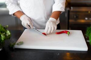 irriconoscibile giovane africano capocuoco in piedi nel professionale cucina nel ristorante preparazione un' pasto di carne e formaggio verdure. foto