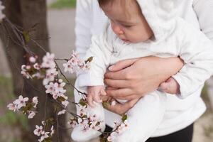bambino toccante fiori. figli di mani avvicinamento foto