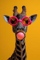ai generato divertente giraffa con rosa occhiali da sole e rosa bolla di gomma foto