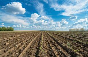 ai generato solchi. agricolo campo su quale crescere patate foto