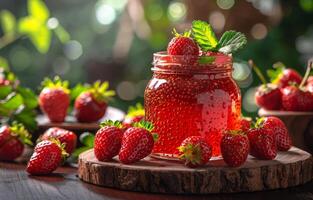 ai generato fragola marmellata nel bicchiere vaso e fresco fragole su di legno tavolo foto