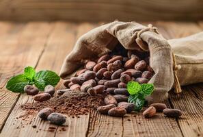 ai generato cacao fagioli nel Borsa su Marrone di legno tavolo foto